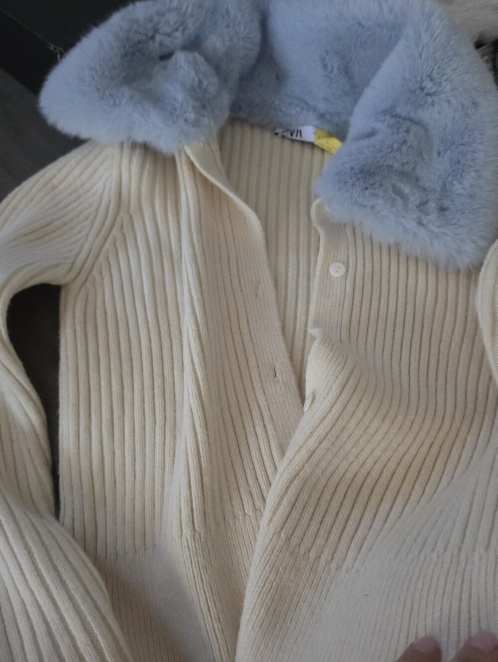 Cream Ribbed Button-Front Sweater with Light Blue Faux Fur Collar - Picture 11 of 12